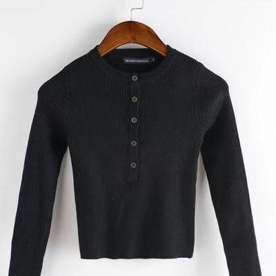Scoop Pure Color Long Sleeves Slim Short Sweater
