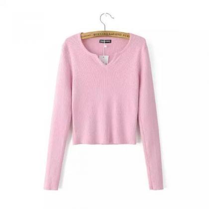 Pure Color V-neck Long Sleeves Short Sweater