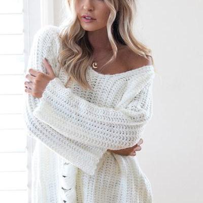 Pure Color V-neck Long Sleeves Cut Out Sweater