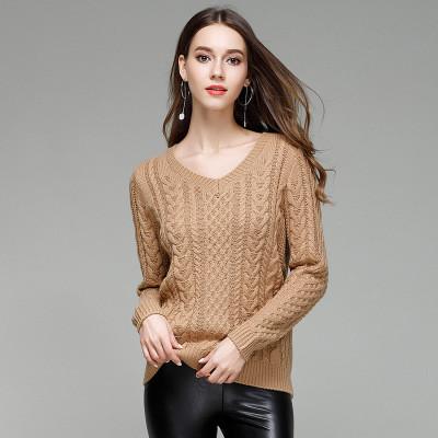 Long Sleeves V-neck Pure Color Cable Knit Sweater