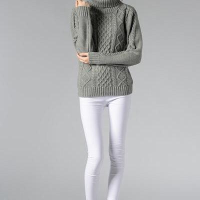 Long Sleeves Pure Color High Neck Diamond Sweater