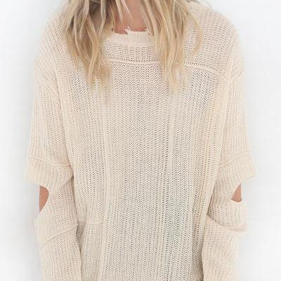 Loose Pure Color Hole Long Sleeves Scoop Sweater