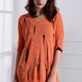 Cut Out Half Sleeves Pure Color Loose Long Sweater
