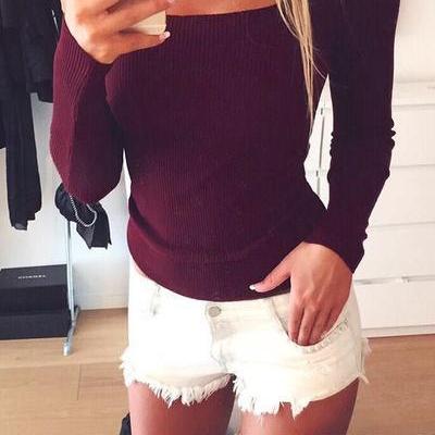 Pure Color Long Sleeves Scoop Hole Cut Out Sweater