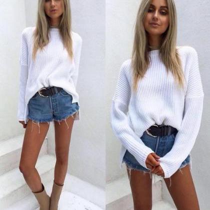 Pure Color Scoop Long Sleeves Loose Sweater