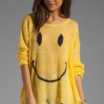 Scoop Smil Face Print Long Sleeves Regular Sweater