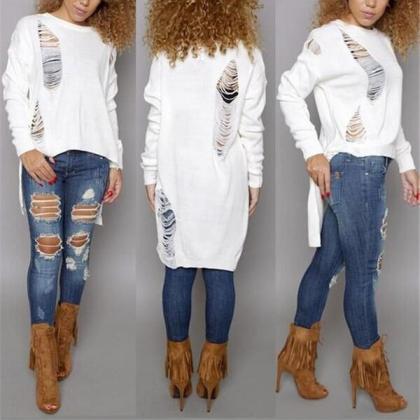 Cut Out Hole Low High Loose Long Sweater