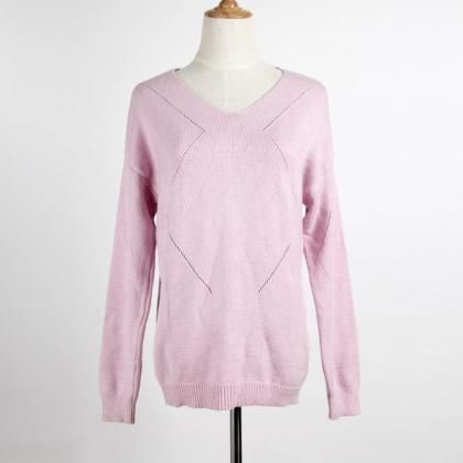 V-neck Long Sleeves Pure Color Regular Sweater