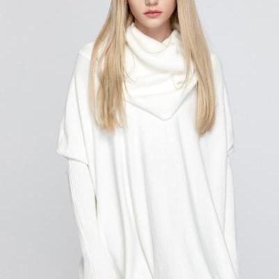 High Neck Long Batwing Sleeves Pure Color Loose..