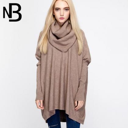 High Neck Long Batwing Sleeves Pure Color Loose..
