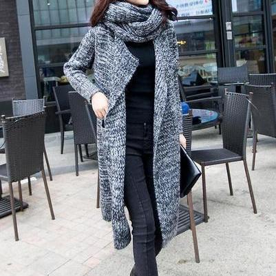 Long Sleeves Pure Color High Neck Long Cardigan