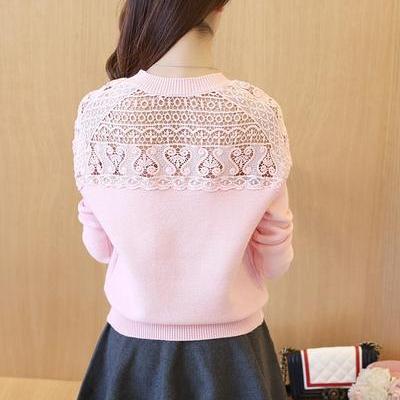 Long Sleeves Pure Color Scoop Lace Regular Sweater