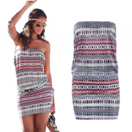 Strapless Striped Short Bodycon Beach Dress