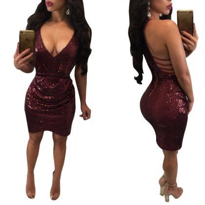 Spaghetti Straps Backless Bodycon Sequins Short..