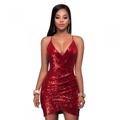 Spaghetti Straps Backless Bodycon Sequins Short..