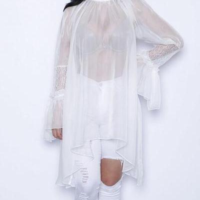 Solid High Neck Loose Knee-length Lace Chiffon..