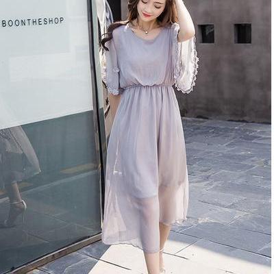 Pure Color Plus Size Chiffon Tee-length Dress