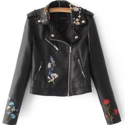 Embroidery Lapel Zipper Short PU Ja..