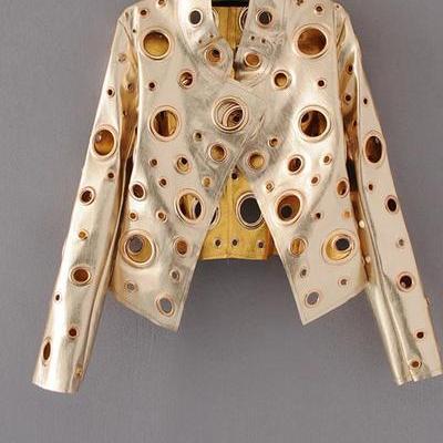 Pure Color Hollow Out Metal Decoration Pu Jacket
