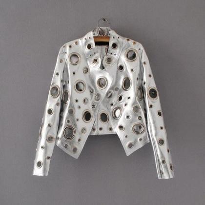 Pure Color Hollow Out Metal Decoration Pu Jacket