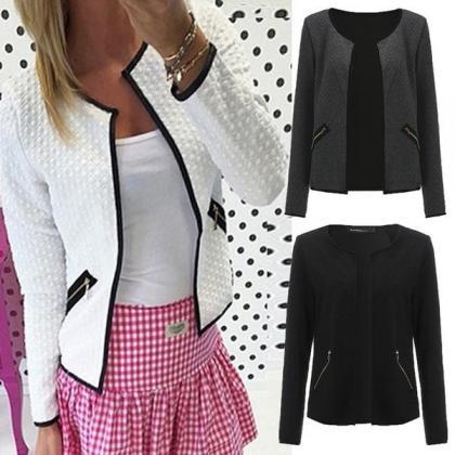 Long Sleeves Pure Color Zipper Pocket Round Collar..