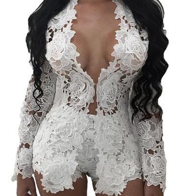 Lace Hollow-out Blazer With Shorts Two Pieces Set