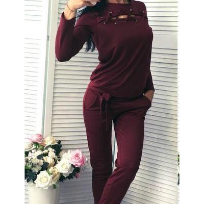 Pure Color Splicing Hollow-out Blouse With Pants..