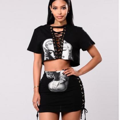 Print Straps Crop Top With Short Skirt Two Pieces..