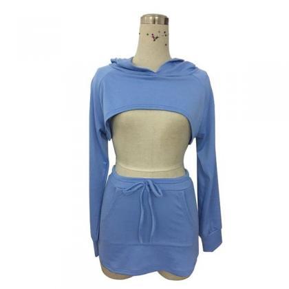 Pure Color Hat Hoodie With Short Pocket Skirt Two..