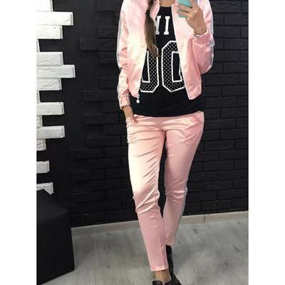 Patchwork Coat With Sports Pants Two Pieces Set