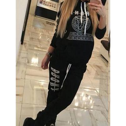 Pure Color Letter Hoodie With Sports Pants Two..