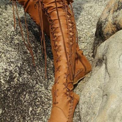 Lace Up Round Toe Flat Overknee Boots