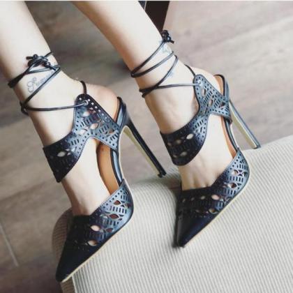 Cut Out Stiletto Heel Pointed Toe Ankle Strap High..