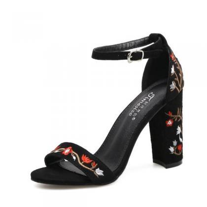Suede Open-toe Floral Embroidered Ankle Strap..
