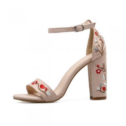 Suede Open-toe Floral Embroidered Ankle Strap..