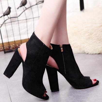 Ankle Strap Suede Chunky Heel Peep-toe Short Boots..