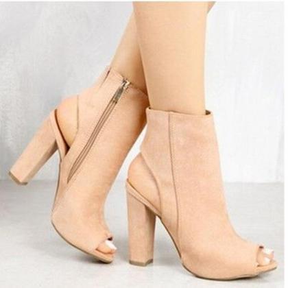 Ankle Strap Suede Chunky Heel Peep-toe Short Boots..