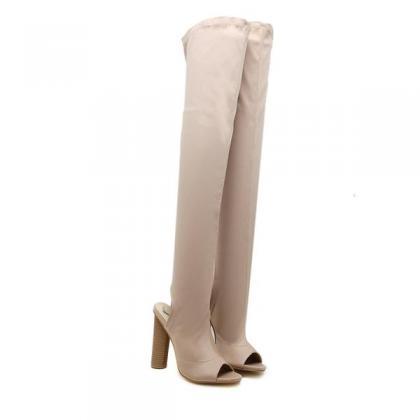 Silk Chunky Heel Peep-toe Overknee High Heel Boots..