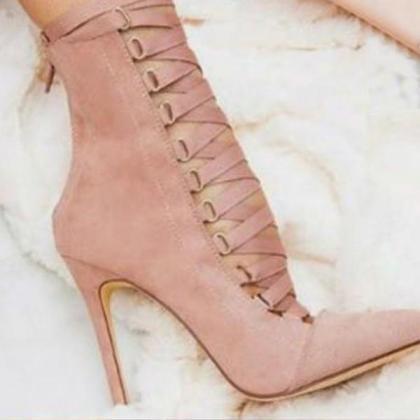 Faux Suede Pointed-toe Lace-up High Heels With..