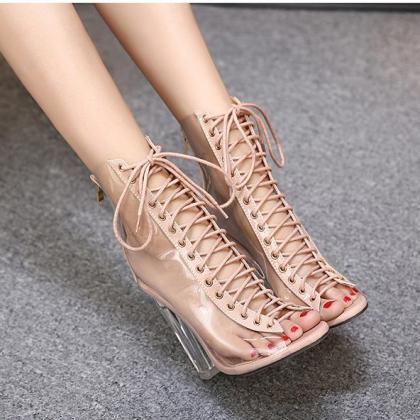 Transparent Lace Up Chunky Heel Pointed Toe Zipper..