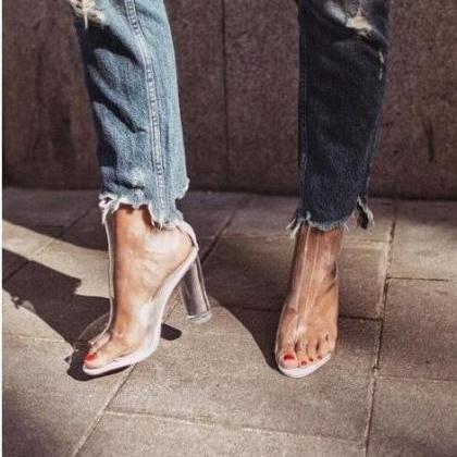 Transparent Chunky Heel Peep-toe Zipper Sandals