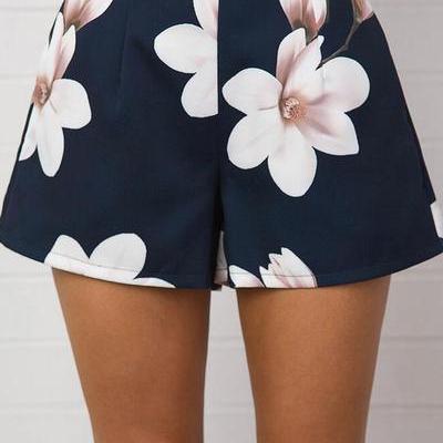 Flower Print High Waist Wide-leg Polyester Shorts