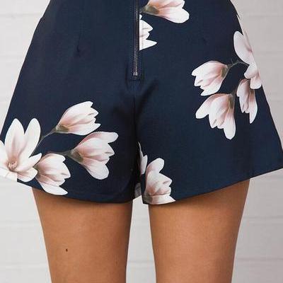 Flower Print High Waist Wide-leg Polyester Shorts