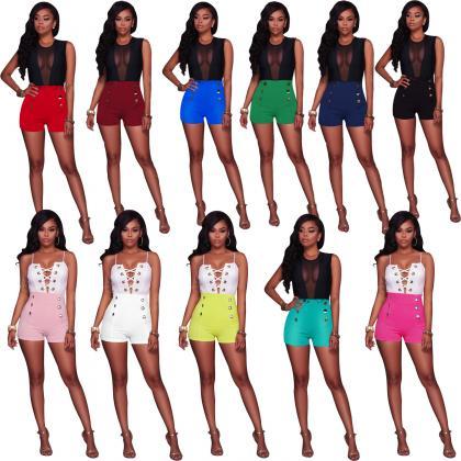 Pure Color High Waist Buttons Slim Shorts