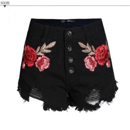 High Waist Flower Embroidery Denim Slim Shorts