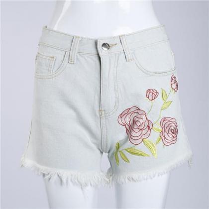Denim Regular Embroidery Rough Edge Loose Shorts