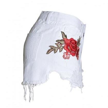 Flower Embroidery High Waist Irregular Slim Shorts