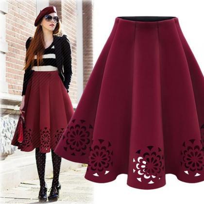 High Waist Pure Color Hollow Out Pleated..