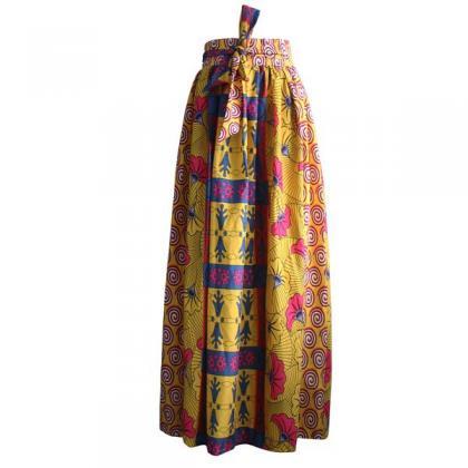 Bowknot Belt High Waist Print Loose Long Skirt