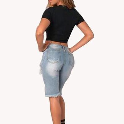 Pure Color Hole Denim Tassel Slim Shorts